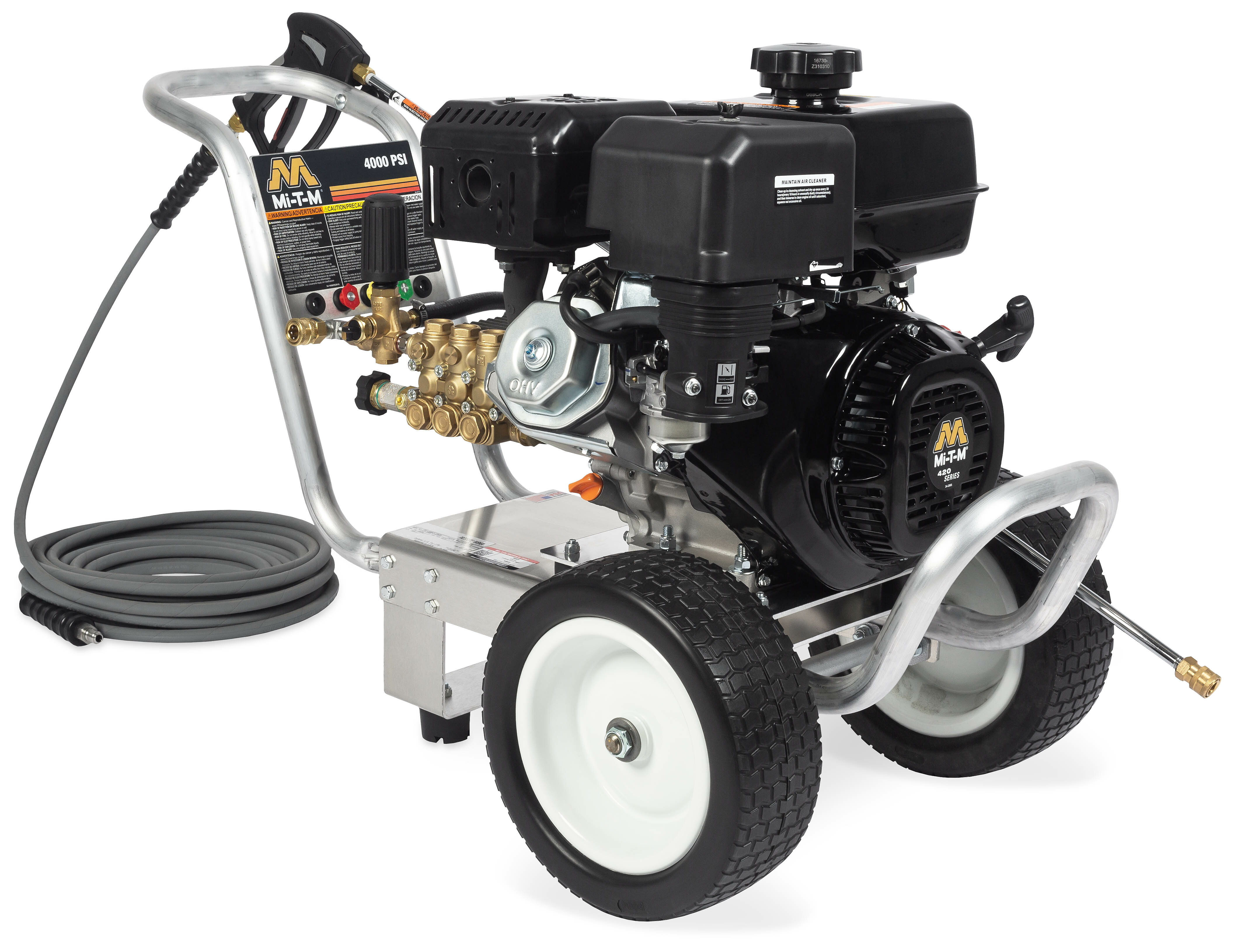 MI-T-M PRESSURE WASHER GAS 
COLD WATER #CA4004-1MGM DIRECT 
DRIVE WITH GENERAL PUMP 
W/EXTERNAL BYPASS, MI-T-M 
ENGINE, 4000 P.S.I, 4 GPM, 
ALUMINUM FRAME