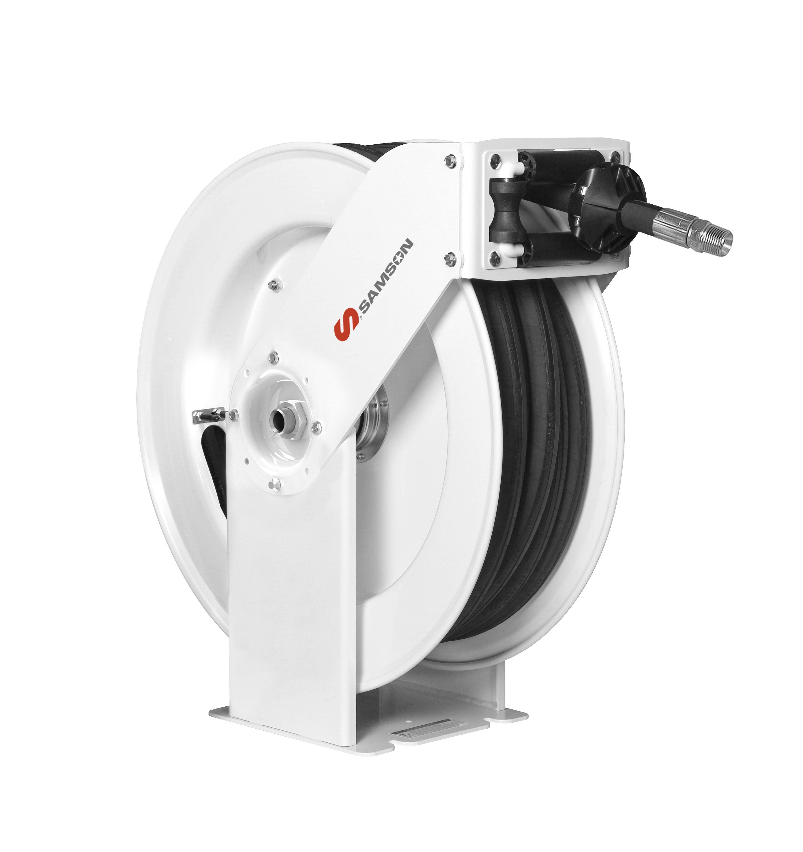 SAMSON 505 220 FULL METAL HEAVY DUTY HOSE REEL. DOUBLE PEDESTAL, 75' X 1/2  HOSE. - RH CROWN